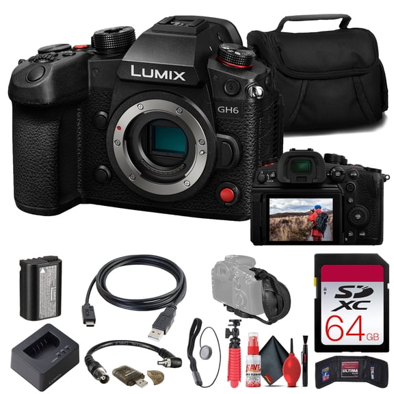 Panasonic Lumix GH6 Mirrorless Camera (Body Only), 5.7K Video + 64GB SD Card & Bundle
