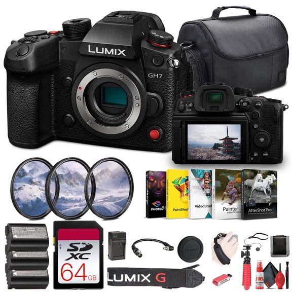 Panasonic Lumix GH7 Mirrorless Micro Four Thirds Camera (DC-GH7BODY) + 64GB Memory Card + Bag + Photo Editing Software + 2 x DMW-BLK22 Battery + Card Reader + Charger + Flex Tripod + More