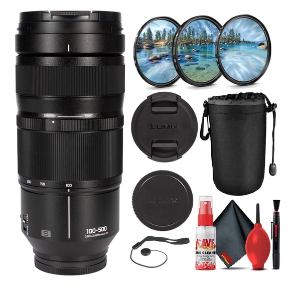 Panasonic Lumix S 100-500mm f/5-7.1 O.I.S. Ultra-Telephoto Zoom Lens for L-Mount, Dual I.S. Stabilization, Fast AF, 11-Blade Bokeh, Dust & Splash Resistant, Full-Frame Wildlife, Sports Lens Bundle