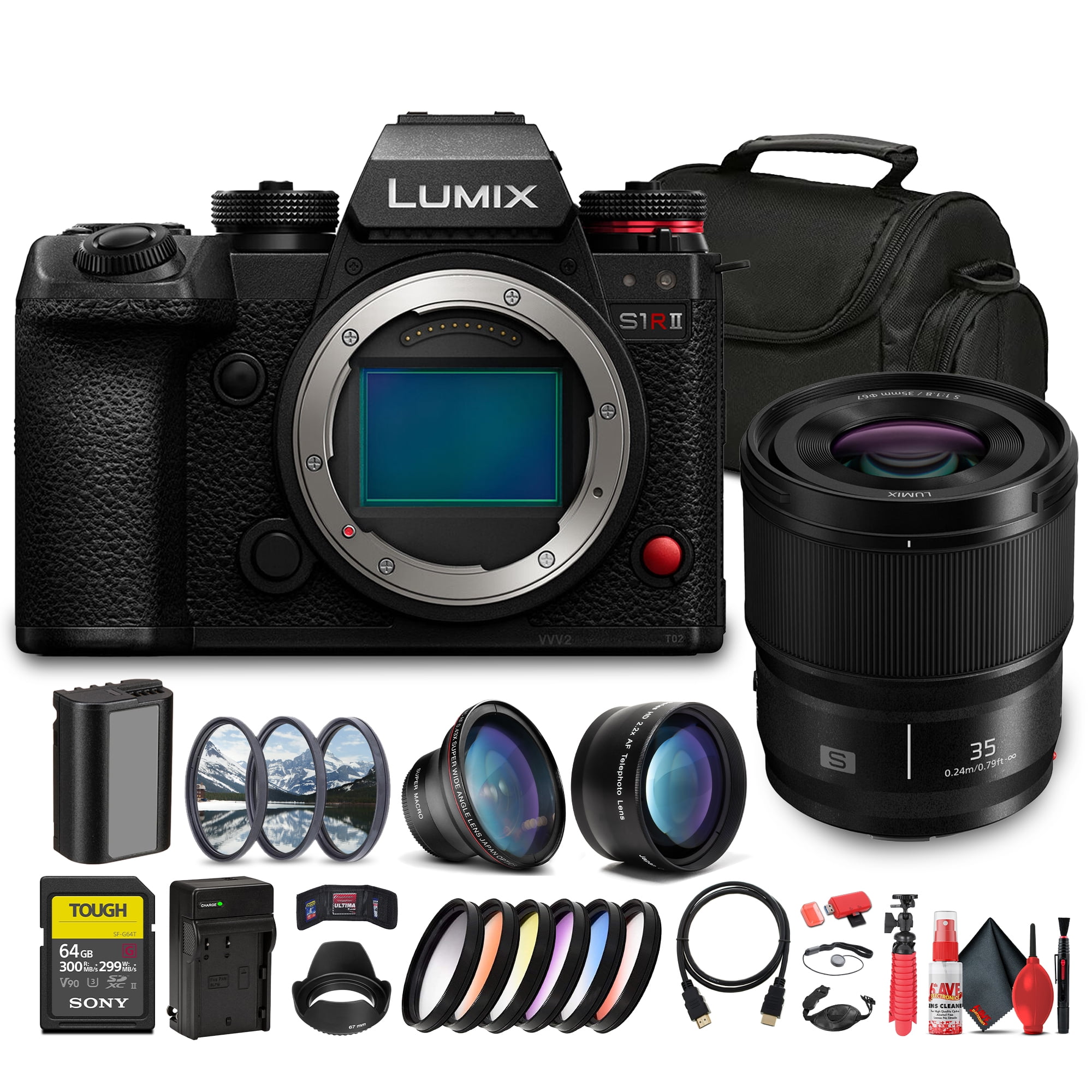 Panasonic Lumix S1R II Mirrorless Camera | 44.3MP Full-Frame Sensor | 8K Video | 40fps Burst (DC-S1RM2BODY) + Lumix S 35mm Lens + 64GB Memory Card + 77mm Color Filters + 67mm Telephoto Lens + More