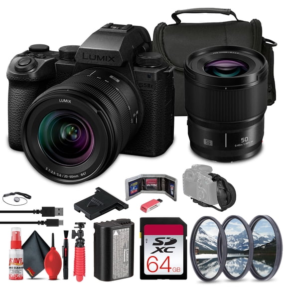 Panasonic Lumix S5 IIX Mirrorless Camera with 20-60mm and 50mm Lenses Kit (DCS5M2XW/W) + 64GB Memory Card + Filter Kit + Bag + Card Reader + Flex Tripod + Cleaning Kit + Memory Wallet + More