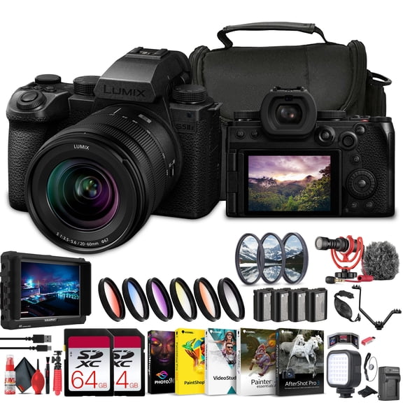 Panasonic Lumix S5 IIX Mirrorless Camera with 20-60mm Lens (DC-S5M2XKK) + 4K Monitor + 2 x 64GB Memory Card + Filter Kit + Color Filter Kit + Corel Photo Software + 3 x DMW-BLK22 Battery + More