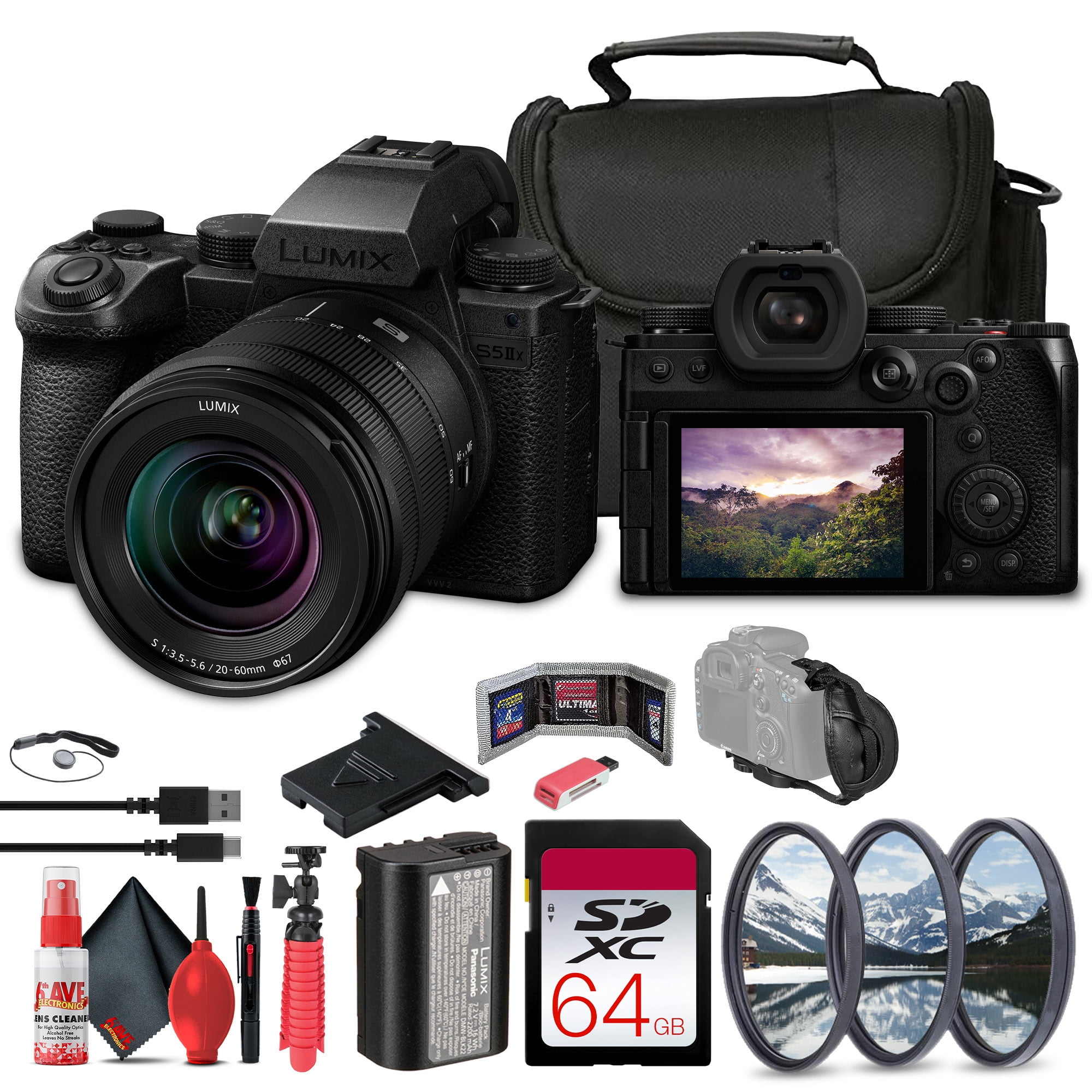 Panasonic Lumix S5 IIX Mirrorless Camera with 20-60mm Lens (DC-S5M2XKK) + 64GB Memory Card + Filter Kit + Bag + Card Reader + Flex Tripod + Cleaning Kit + Memory Wallet + Hand Strap + Cap Keeper