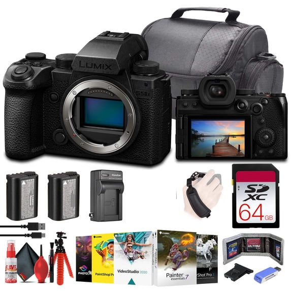 Panasonic Lumix S5 IIX Mirrorless Camera (DC-S5M2XBODY) + 64GB Memory Card + Corel Photo Software + DMW-BLK22 Battery + Charger + Card Reader + Case + Flex Tripod + Cleaning Kit + More