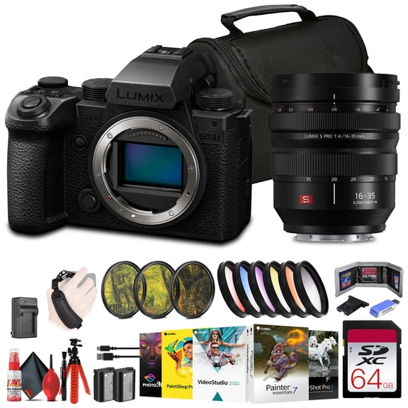 Panasonic Lumix S5 IIX Mirrorless Camera (DC-S5M2XBODY) + Panasonic Lumix 16-35mm F/4 Lens + 64GB Memory Card + Filter Kit + Color Filter Kit + Corel Photo Software + DMW-BLK22 Battery + Bag + More