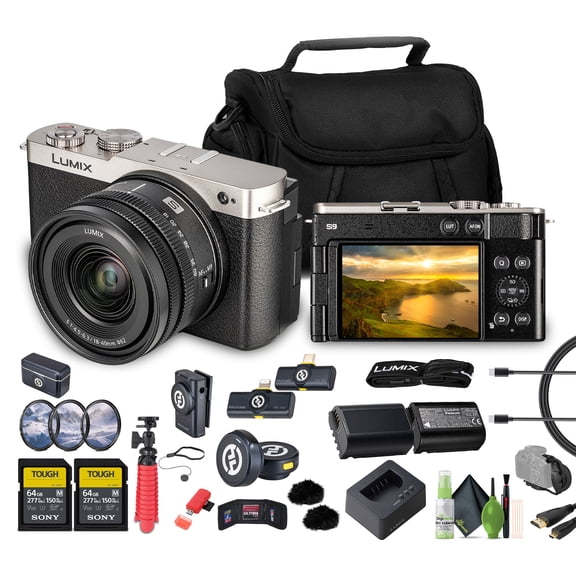 Panasonic Lumix S9 Mirrorless Camera with 18-40mm f/4.5-6.3 Lens (Silver) + 2x 64GB Memory Card + Hollyland LARK M2 DUO 2-Person Combo Microphone System + More