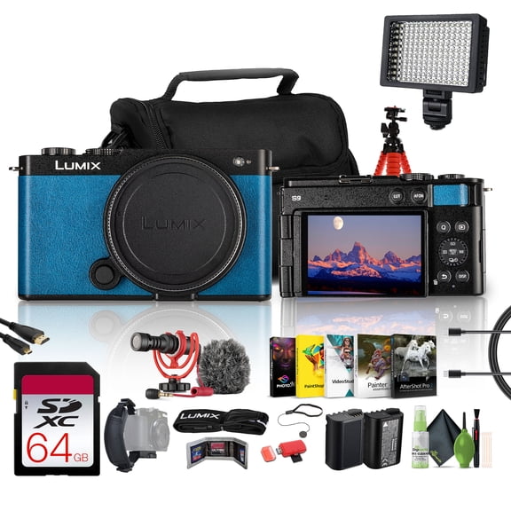Panasonic Lumix S9 Mirrorless Camera (Blue) Bundle with 64 GB Memory Card + VideoMicro Ultracompact Camera-Mount Microphone + More Vlogging Kit
