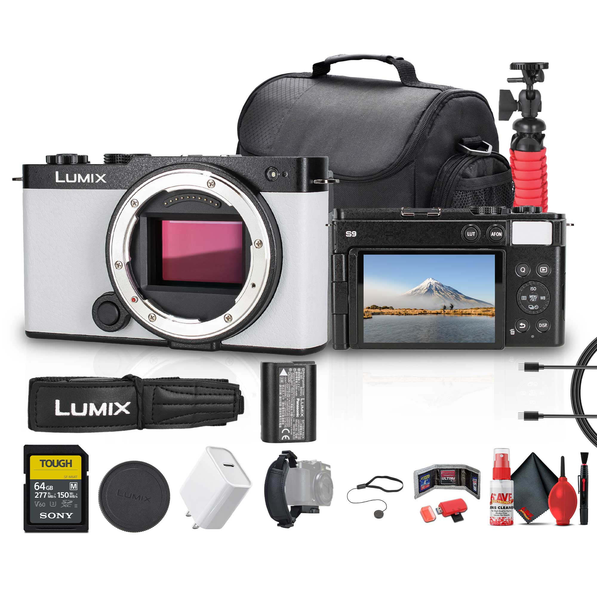 Panasonic Lumix S9 Mirrorless Camera in White (DC-S9GD-W) Bundle Including: 64 GB Mem Card, Battery Pack, Case, Lens Caps, Hand Strap, Adapter, Cleaning Kit, Flexible Tripod, Card Reader, Card Wallet
