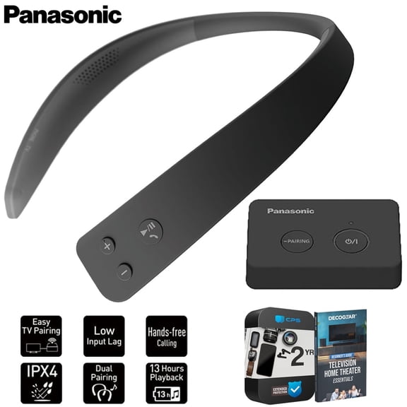 Panasonic SC-WN10 Wireless Wearable TV Neck Speaker, Bluetooth, Built-in Microphone Bundle with 2 Year Extended Warranty & Deco Gear Complete Home Theater Beginner's Guidebook