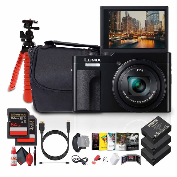 Panasonic TZ99 / ZS99 Point and Shoot Compact Travel Digital Camera (Black) (DC-TZ99) + Photography Software + 2 x 64GB Memory Card + 2 x DMW-BLG10 Battery + Camera Bag + Flexible Tripod + More