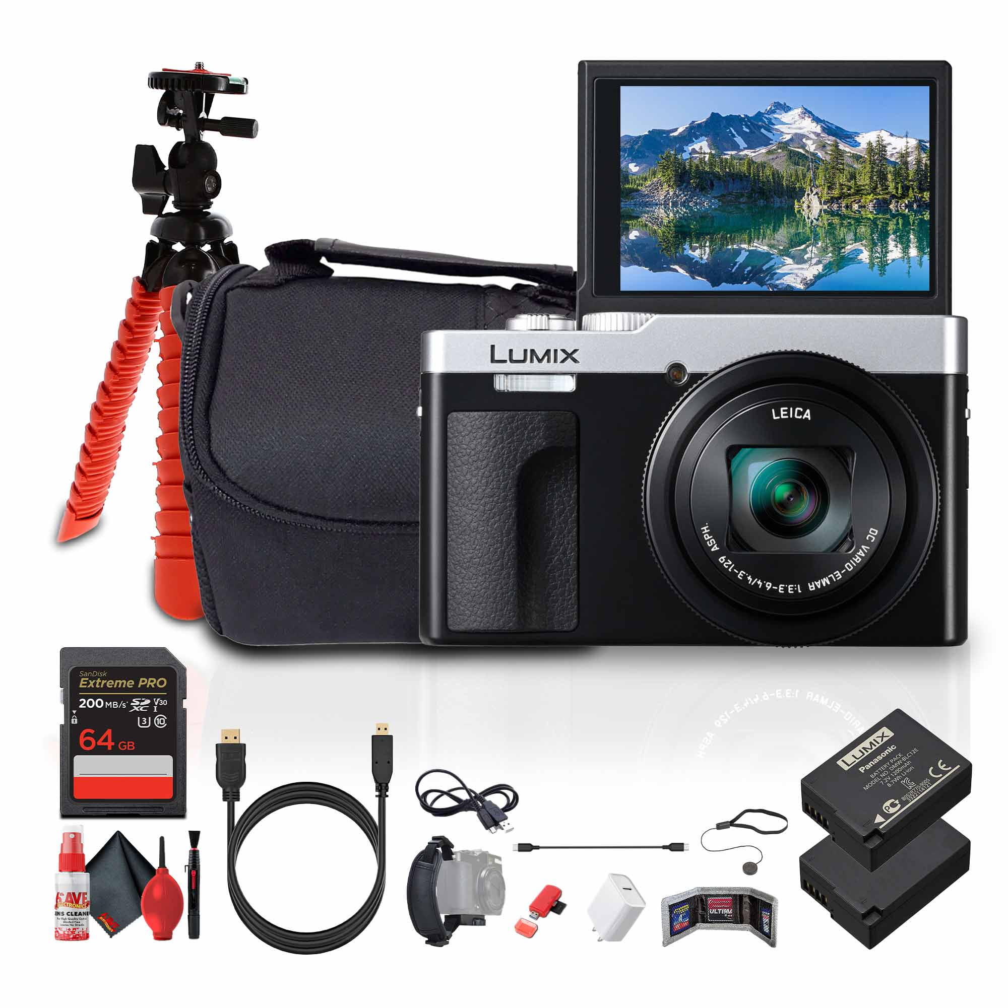 Panasonic TZ99 / ZS99 Point and Shoot Compact Travel Digital Camera (Silver) (DC-TZ99E-S) + 64GB Memory Card + DMW-BLG10 Battery + Camera Bag + Flexible Tripod + USB-C Cable + Cleaning Kit + More