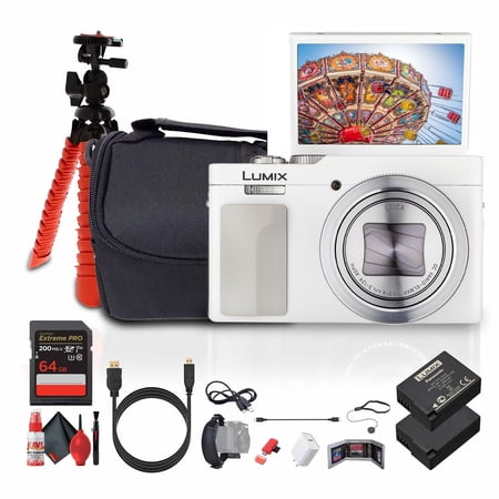 Panasonic TZ99 / ZS99 Point and Shoot Compact Travel Digital Camera (White) (DC-TZ99E-S) + 64GB Memory Card + DMW-BLG10 Battery + Camera Bag + Flexible Tripod + USB-C Cable + Cleaning Kit + More