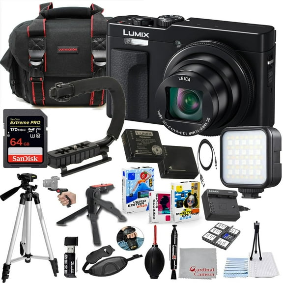 Panasonic ZS99 Digital Camera (Black) Bundle + Accessory Kit with 64GB Extreme Memory, U-Grip, LED Light, Tripod, Carry Case, Editing Software Package & More (23 Items)