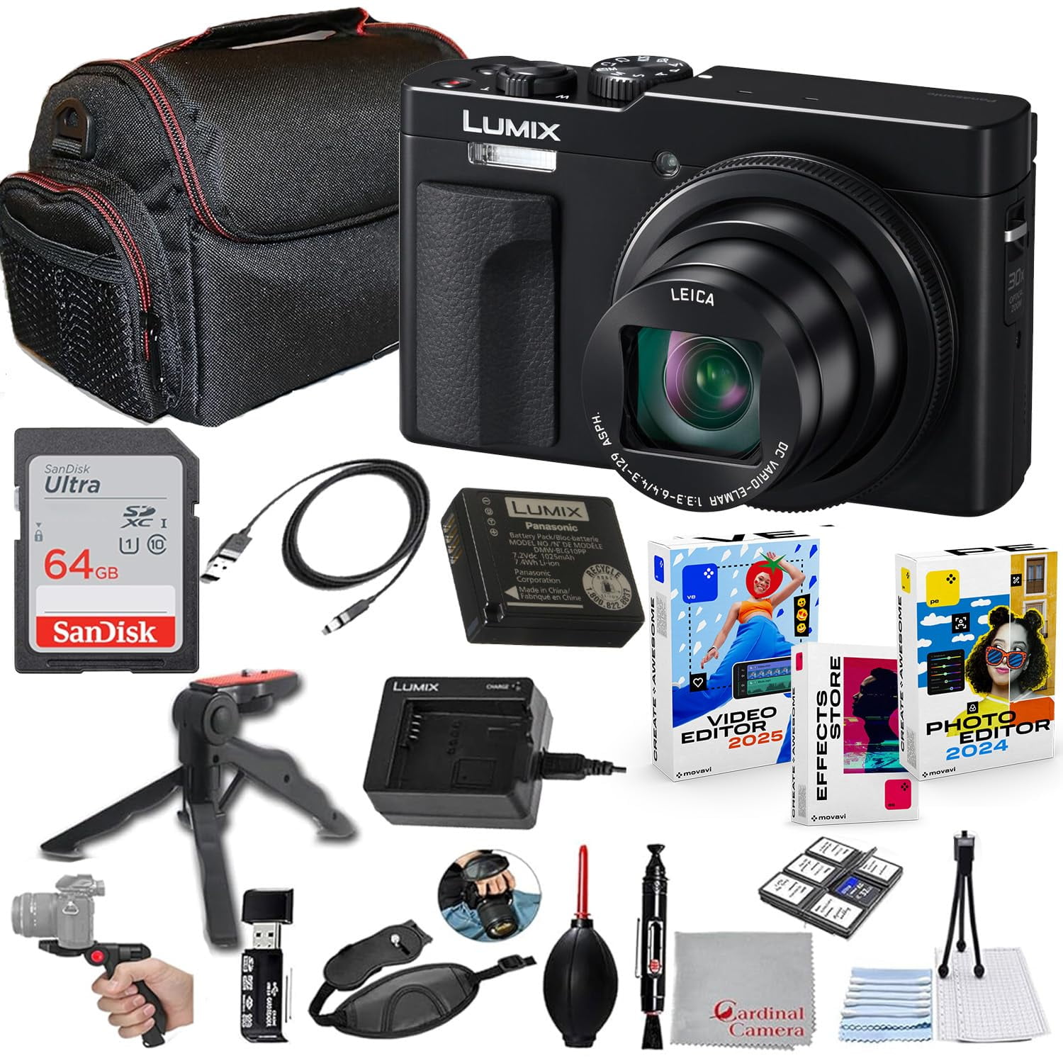 Panasonic ZS99 Digital Camera (Black) Bundle + Accessory Kit with 64GB Ultra Memory, Hand Grip Tripod, Carry Case, Editing Software Package & More (20 Items)