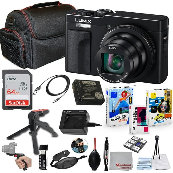 Panasonic ZS99 Digital Camera (Black) Bundle + Accessory Kit with 64GB Ultra Memory, Hand Grip Tripod, Carry Case, Editing Software Package & More (20 Items)