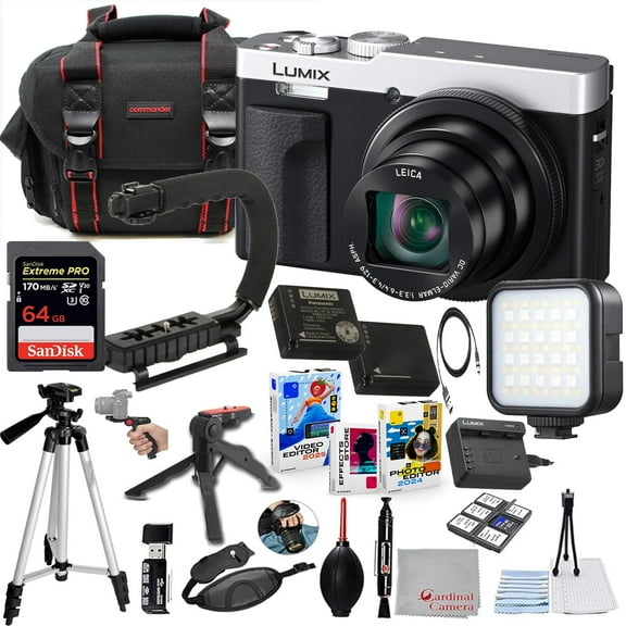 Panasonic ZS99 Digital Camera (Silver) Bundle + Accessory Kit with 64GB Extreme Memory, U-Grip, LED Light, Tripod, Carry Case, Editing Software Package & More (23 Items)
