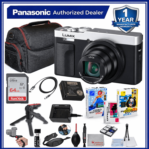Panasonic ZS99 Digital Camera (Silver) Bundle + Accessory Kit with 64GB Ultra Memory, Hand Grip Tripod, Carry Case, Editing Software Package & More (20 Items)