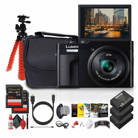Panasonic ZS99 Point and Shoot Compact Travel Digital Camera (Black) (DC-ZS99K) + Photography Software + 2 x 64GB Memory Card + 2 x DMW-BLG10 Battery + Camera Bag + Flexible Tripod + More