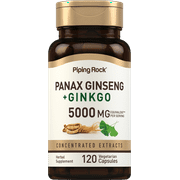Panax Ginseng Capsules | 5000 mg | 120 Count | with Ginkgo Biloba for Men and Women | by Piping Rock