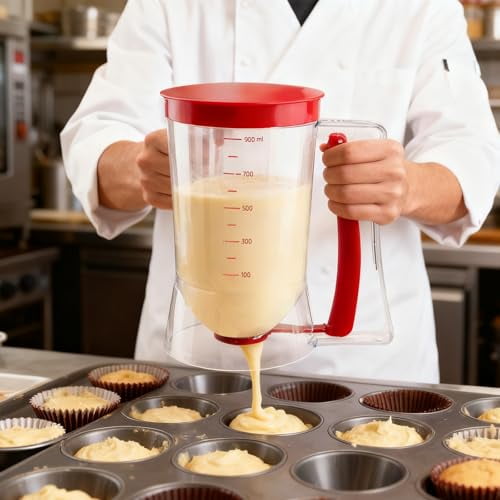 Pancake Batter Dispenser - Cookie Cupcake Cupcakes Waffle Waffles Separator Tool with Squeeze Handle,Easy Pour & Measuring Label for Griddle,Baking Supplies,Crepe & Cake Muffin Mix,Red