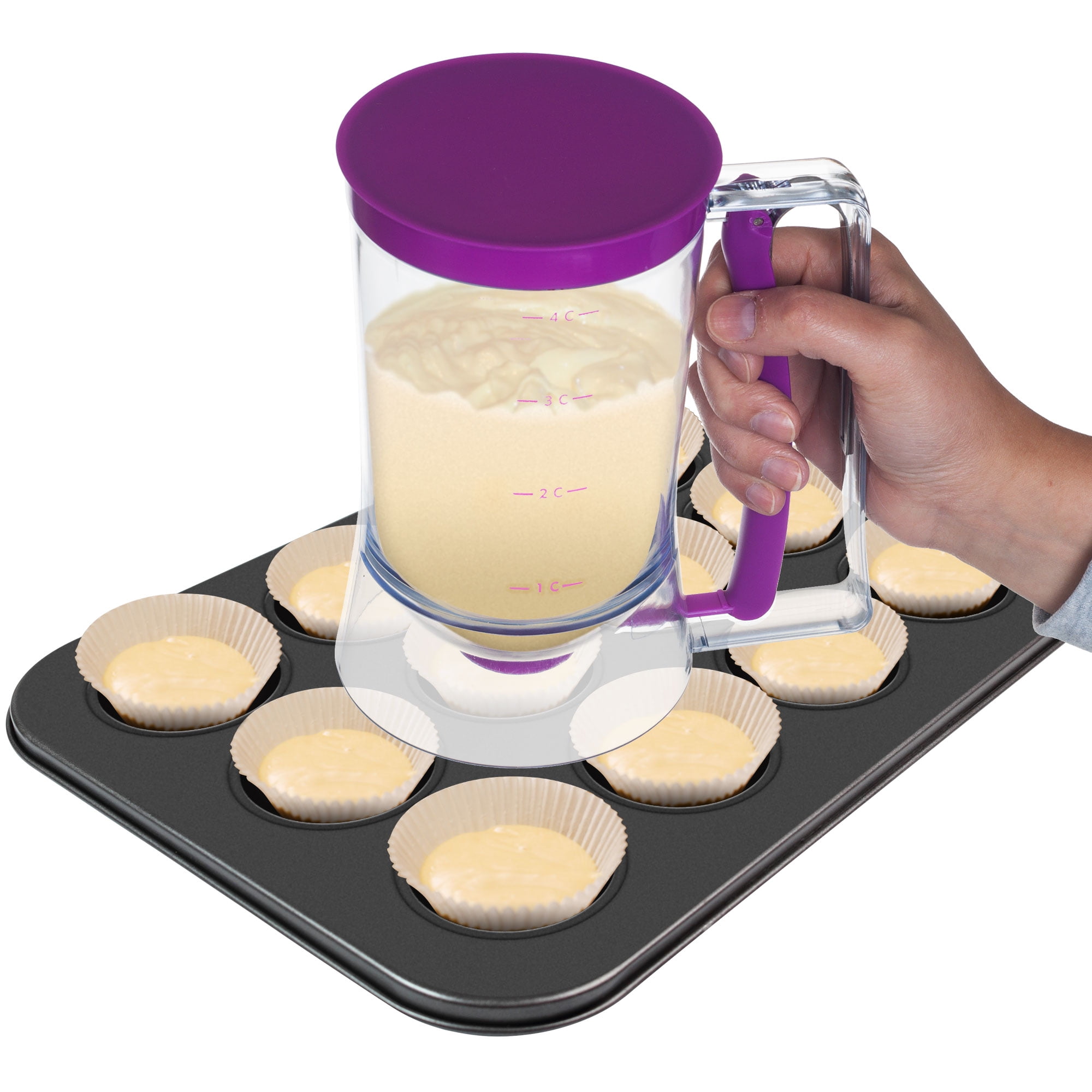 pancake batter dispenser with measuring label