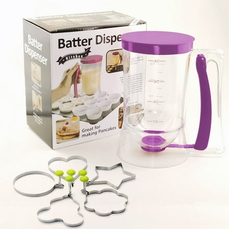 Pancake Batter Dispenser with Squeeze Handle, 4-Cup Container with 5 Egg Ring Molds for Pancakes and Waffles, BPA-Free