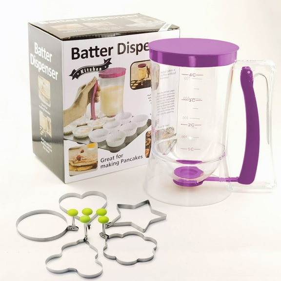 Pancake Batter Dispenser with Squeeze Handle, 4-Cup Container with 5 Egg Ring Molds for Pancakes and Waffles, BPA-Free