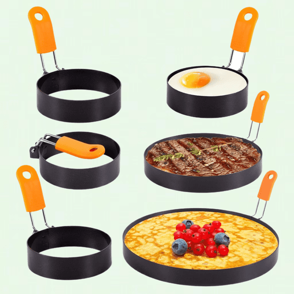 Pancake Egg Rings Set, Stainless Steel Pancake Molds with Silicone Handle, Non-Stick Cover, Cooking Egg Pancakes (8 Inch, 6 Inch, 3.5 Inch)