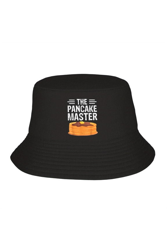 Pancake Master Bucket Hat - A fun gift for cooking and fishing enthusiasts, stylish unisex design with a pancake pattern, 100% polyester, black