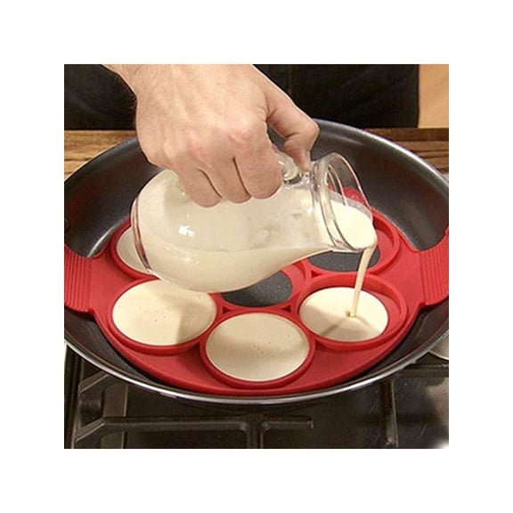 Pancake Molds Silicone Baking Mould and Egg Maker - Nonstick 7 Holes Red Silicone Round Egg Rings - Professional Flipping Breakfast Maker for Silver Dollar Pancakes and Crepes