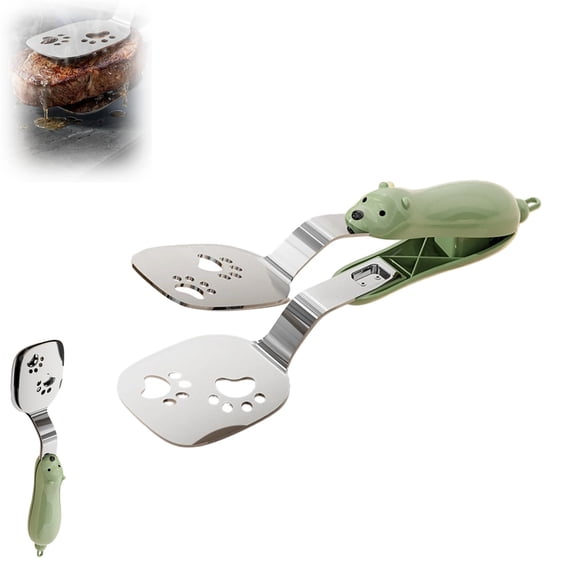 Pancake Spatula Tongs Stainless Steel Bear Shape Griddle Clip 2-In-1 Locking Kitchen Tool For Steak Eggs For Home Cooks(Green)