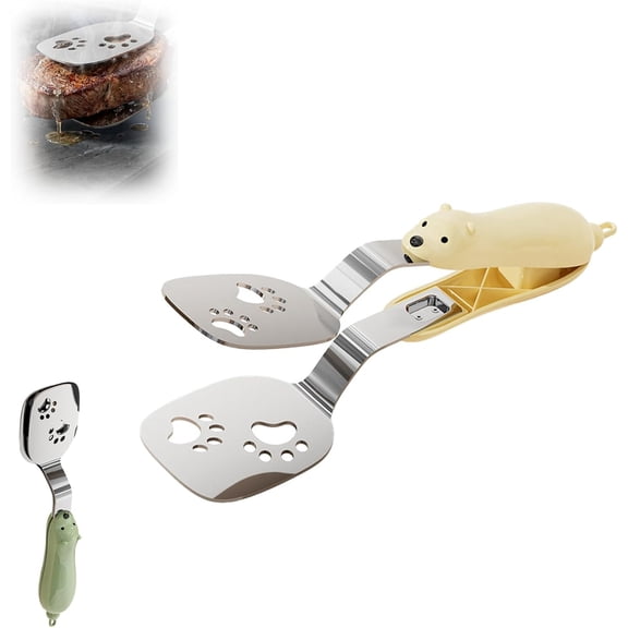 Pancake Spatula Tongs Stainless Steel Bear Shape Griddle Clip 2-In-1 Locking Kitchen Tool For Steak Eggs For Home Cooks(Yellow)
