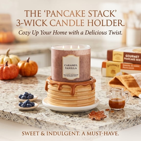 Pancake Stack Ceramic 3-Wick Candle Holder, Cute Pancake Home Decor for Large Jar Candles, Farmhouse Kitchen Decor, Coffee Table Centerpiece, Fall Home Decorations