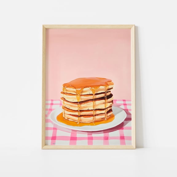 Pancake Stack Poster, Pastel Breakfast Food Wall Art, Syrup Drizzle Brunch Print, Cute Kitchen Decor Unframed Paper Print