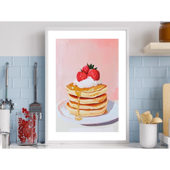 Pancake Stack Strawberries Toppings Pink Cafe Kitchen Wall Print ...