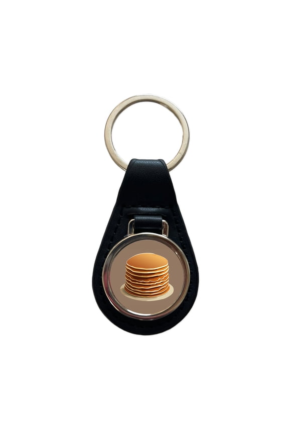 Pancakes Stack Breakfast Brunch Food Metal Black Leather Keychain