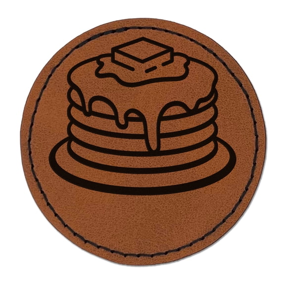 Pancakes Stack Syrup Butter 2.5" Faux Leather Round Engraved Iron-On Patch - Brown