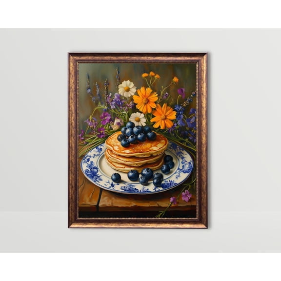 Pancakes, Whimsical Dessert Wall Art, Fun Kitchen Art Print, Breakfast Nook Decor Moody Food Prints Trendy Blue Vintage Still Life Poster, Unframed Poster Size 8x12
