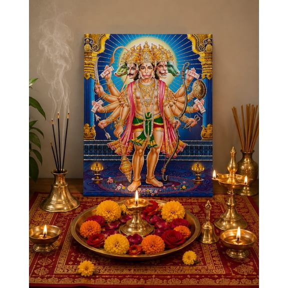 Panchmukhi Hanuman Wall Art Painting Five-Faced Hanuman Ji Divine Canvas for Home Temple, Pooja Room & Spiritual Dcor | Hindu Religious Wall Frame