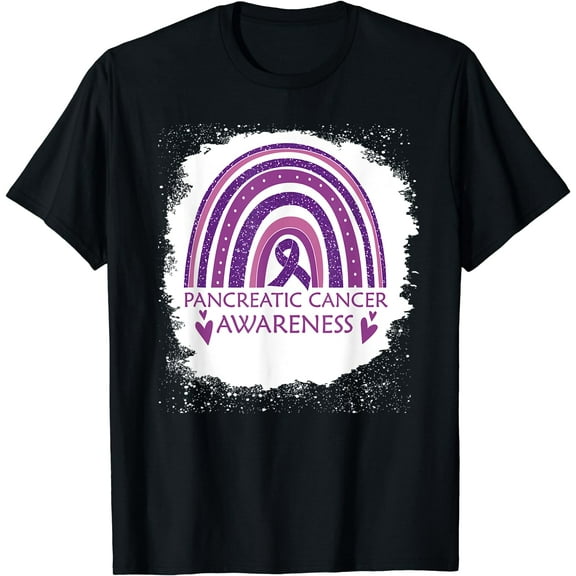 Pancreatic Cancer Awareness Bleached Rainbow Purple Ribbon T-Shirt