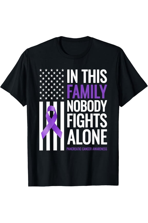 Pancreatic Cancer Awareness Purple Ribbon American Flag T-Shirt In This Family Nobody Fights Alone Support Graphic Tee for Men Women Adult Retro Inspirational Apparel