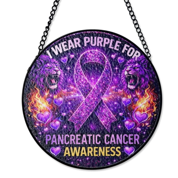 Pancreatic Cancer Awareness Stained Glass Suncatcher UV Printed Glass Purple Ribbon Support Round