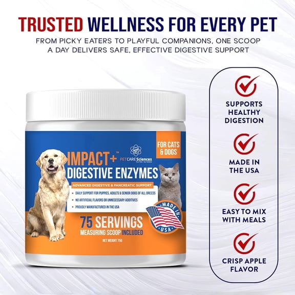 Pancreatic Digestive Enzymes for Dogs and Cats - Pre and Probiotics for Dogs - nzymes for Dogs and Cat - Suitable for Digestion, Diarrhea Issues - Made in USA by PCS (Powder, 75 Servings)
