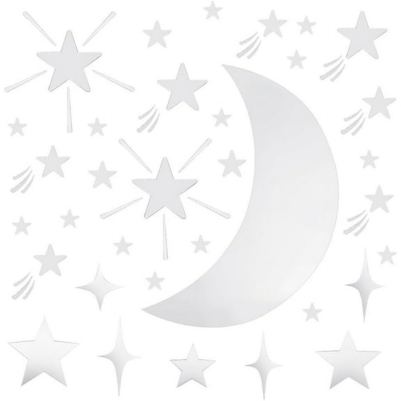 PandHal 64pcs 4 Shape Silver Mosaic Tiles Stars Moon Tiles Self-Adhesive Mirror Acrylic Crafted Mirror Wall Stickers for Home Living Room Bedroom DIY Project Wall Table Decoration