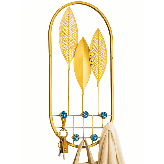 Gold Wheat Stalk Wall Hook Rack with 5 Hooks, Decorative Metal Entryway Organizer for Coats, Keys, Bags & Towels