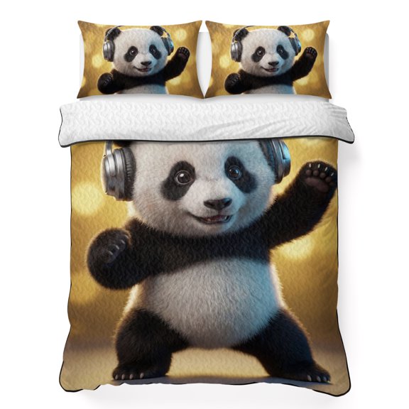 Panda 3 Piece Quilt Bedding Set with 2 Pillow Shams, Abstract Headphone Panda Shiny Light Background Lightweight Bedspread Coverlet, Soft Breathable All Season Quilt, 68 x 86 Inch
