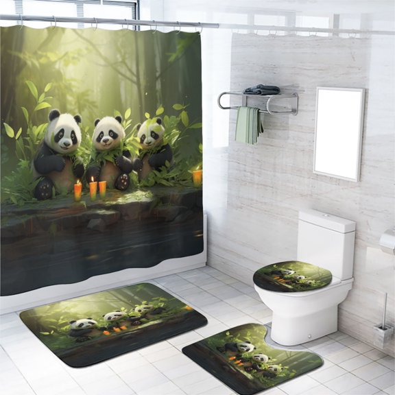 Panda 4 Pcs Shower Curtain Set Cartoon Lovely Animals Bamboo Forest Bath Curtain for Bathroom Waterproof Fabric Bathroom Decor Set, 72x72 Inch