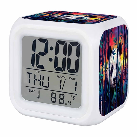 Panda Alarm Clock, Forest Sunset Mysterious Realistic Digital Clock Night Light with 7 Color, Calendar Temperature Display, LED Desk Small Clock for Bedrooms Bedside Living Room