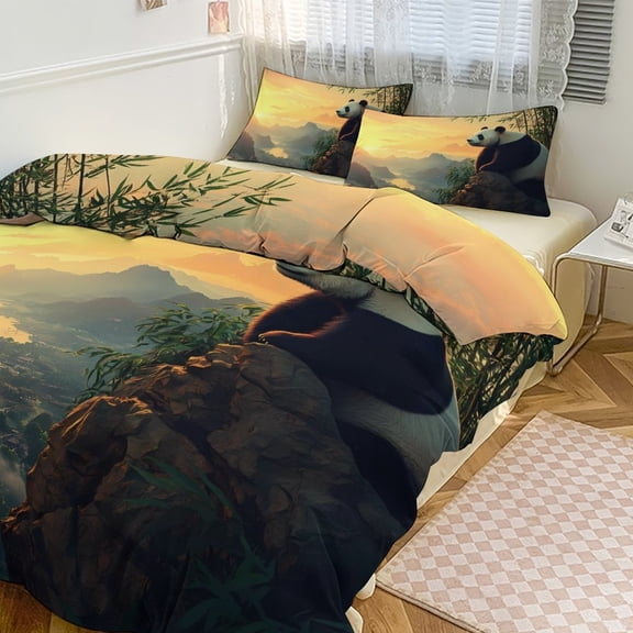 Panda And Bamboo Sunrise Duvet Cover King&Queen Size Soft 3 Pieces Set 1 Duvet Cover and 2 Pillow Shams with Zipper Closure 86"x70"