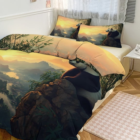 Panda And Bamboo Sunrise Duvet Cover King&Queen Size Soft 3 Pieces Set 1 Duvet Cover and 2 Pillow Shams with Zipper Closure 90"x90"